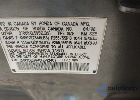 2008 Acura Mdx Technology Package z USA, uszkodzony, nr VIN 2HNYD28448H542407